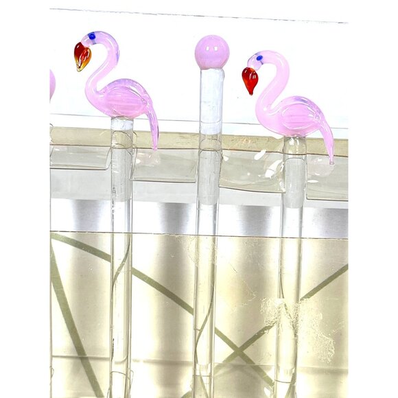 Handcrafted Art Glass Pink Flamingo Swizzle Sticks Cocktail Barware Set Of 6 - Picture 3 of 9